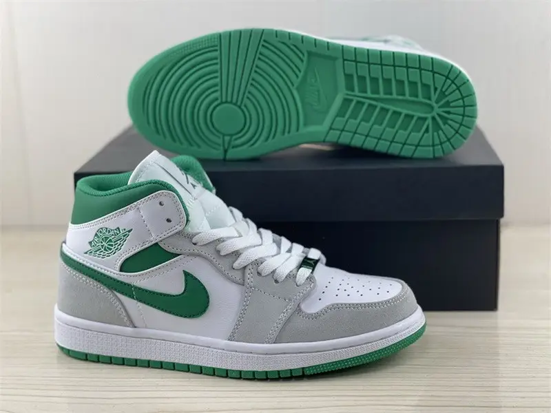 Authentic Air Jordan 1 Mid White Grey Green 