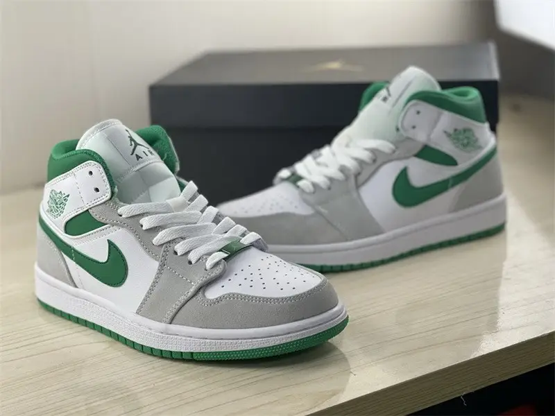 Authentic Air Jordan 1 Mid White Grey Green 