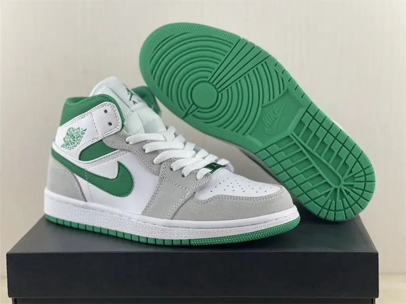 Authentic Air Jordan 1 Mid White Grey Green 
