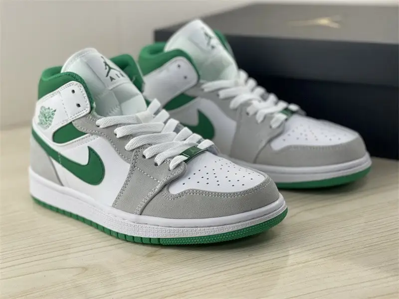 Authentic Air Jordan 1 Mid White Grey Green 