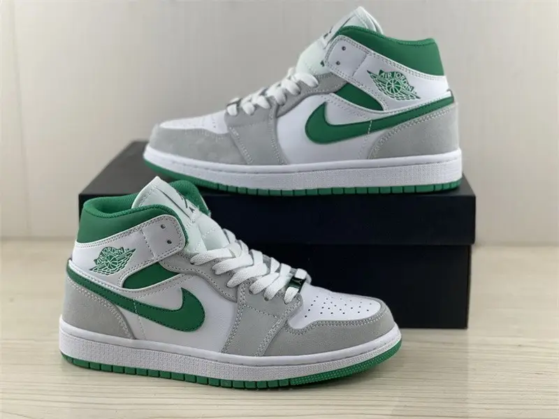 Authentic Air Jordan 1 Mid White Grey Green 