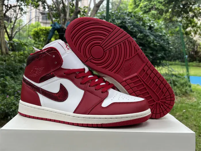 Authentic Air Jordan 1 Mid SE Red Cracked Leather Women EDB208