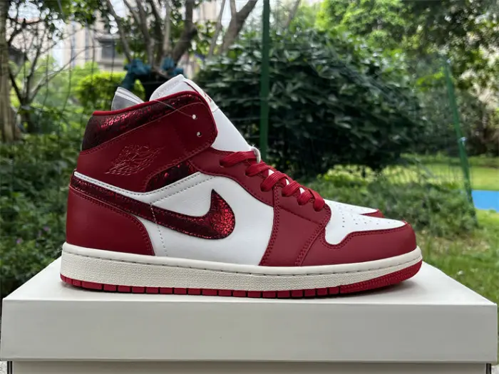 Authentic Air Jordan 1 Mid SE Red Cracked Leather Women EDB208
